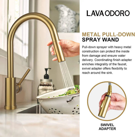 Brushed Gold Kitchen Faucet With Pull Down Sprayer Solid Brass Construction Single Hole Mount With Deck Plate One Handle No Fuss Setup Reach Technology And Flexible Swivel Hose For Easy Sink Access