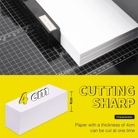 Heavy Duty A4 Paper Cutter With Metal Base Trimming Machine For Scrapbooking Office And Copy Shop Use Cuts Up To 31.5 Cm And Handles 380 To 400 Sheets A True Workhorse In Black showing paper stack measurement.