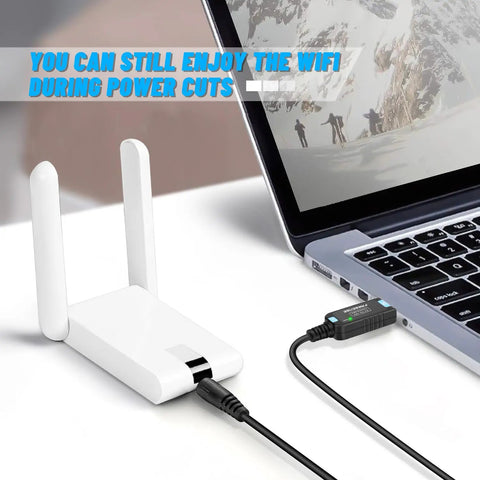 USB To DC 12V Step Up Power Cable 3ft With 5.5 X 2.5mm DC Jack And 3.5 X 1.35mm Plug USB Boost Converter With LED Indicator connected to a laptop