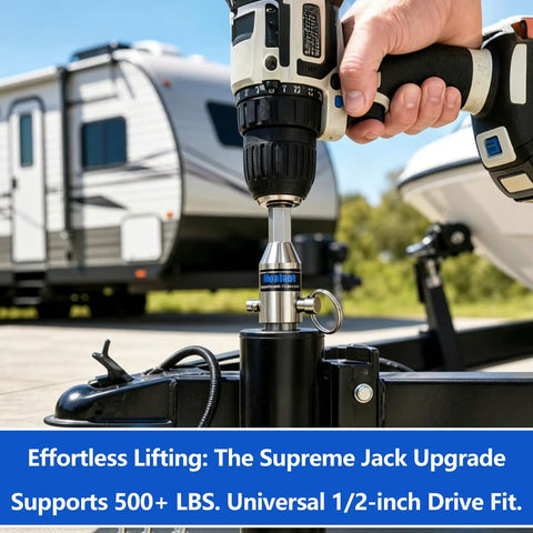 Heavy Duty Stainless Steel Trailer Jack Drill Adapter For Half Inch Jack Drive Shaft attached to a cordless drill for effortless lifting.