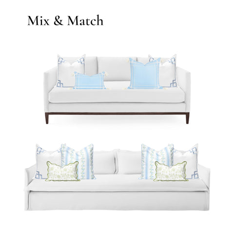 Coastal Throw Pillow Cover 20x20 Outdoor Indoor Ready For Patios And Couches With Baby Blue Embroidered Frame Greek Key Reversible White Back Hidden Zipper Flanged Border Weather Resistant Polyester For Backyard Vibes on sofas