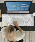 Extended XL White Gaming Mouse Pad With Stitched Edges Minimalist Topographic Map Desk Mat For Serious Gamers on office desk