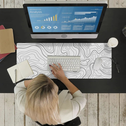 Extended XL White Gaming Mouse Pad With Stitched Edges Minimalist Topographic Map Desk Mat For Serious Gamers on office desk