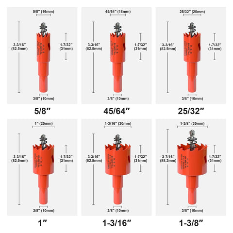 XDENGP bi-metal hole saw kit, 6-piece set in sizes 5/8 to 1-3/8 in, for wood, plastic, drywall, and soft metal.