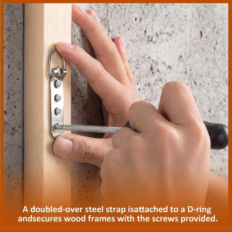Heavy Duty Picture Hanging Hooks Set 12 Pcs D Ring Wall Hangers for Frames Mirrors and Canvas Art Stainless Steel Bulk Hardware Includes 48 Screws and Bubble Level for Easy Gallery Wall Mounting attached to wood frame