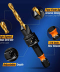 Countersink drill bit with 1/4 in hex shank, titanium-coated steel, adjustable depth for woodworking (close-up view).