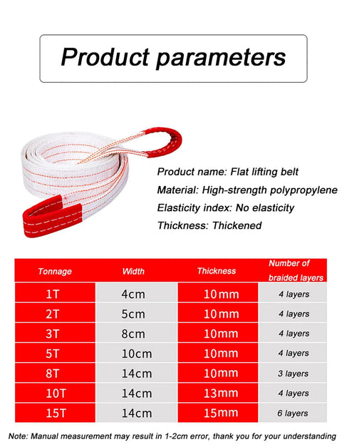 Heavy Duty Polyester Lifting Sling Web Belt For Crane Hoist And Forklift Towing with specifications chart showing sizes.