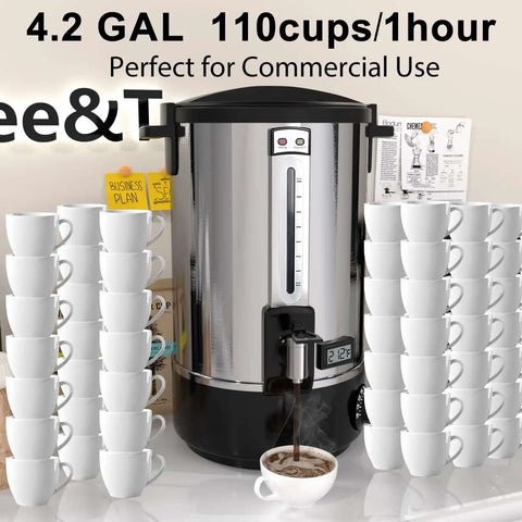 Heavy Duty 110 Cup Stainless Steel Coffee Urn For Catering, Double Wall Electric Dispenser Keeps Coffee Hot, Gigantic Capacity Percolator on counter