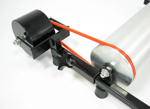 Close-up of Kat 1 Indoor Roller Training Station with Quiet 4.5 Alloy Rollers and Foldable Steel Frame, Wheelbase Adjustable.