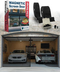 Two Car Garage Door Screen With Retractable Fiberglass Mesh Weatherproof Magnetic Closure Weighted Bottom Easy No Tools Install Tie Back Design 7 Ft High By 16 Ft Wide installed on garage