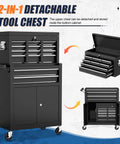 Heavy Duty 10 Drawer Rolling Tool Chest With Wheels, Lockable 2-in-1 Tool Box And Cart, black steel, detachable top and bottom cart