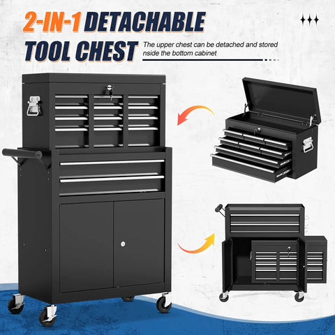 Heavy Duty 10 Drawer Rolling Tool Chest With Wheels, Lockable 2-in-1 Tool Box And Cart, black steel, detachable top and bottom cart