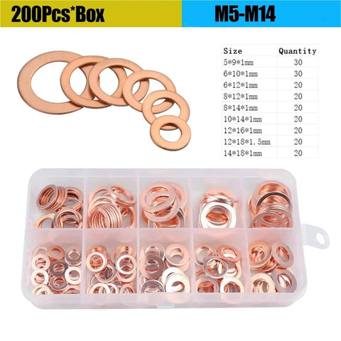 Heavy Duty Flat Copper Washers Kit With Universal O Ring Gasket Set For Auto Repair Including M6 To M14 Sump Plug Oil Seals, box view
