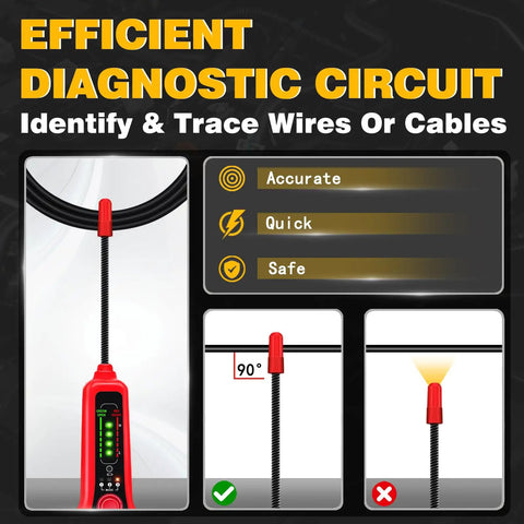Automotive Wire Tracer Open And Short Finder Circuit Tester And Wire Breaker Locator For Fault Probes And Cable Tracing DC Six To Forty Two Volts Grab And Go Tool shown with wire illustrations.