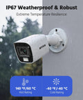 1080P HD TVI wired security camera with IP66 weatherproof housing mounted outdoors in rain, showing temperature ratings.