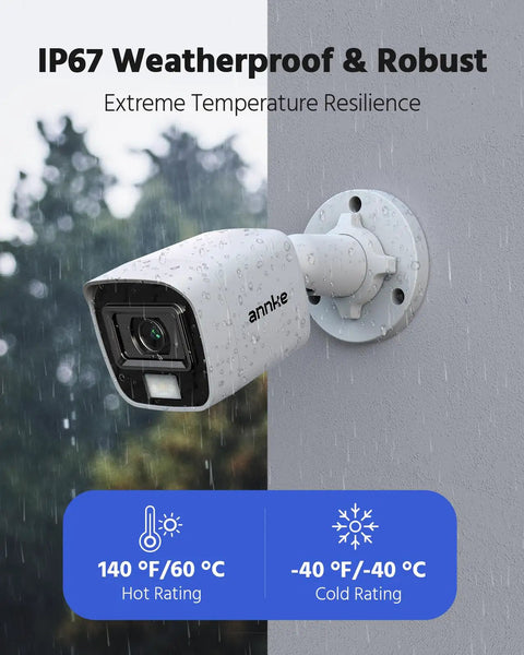 1080P HD TVI wired security camera with IP66 weatherproof housing mounted outdoors in rain, showing temperature ratings.