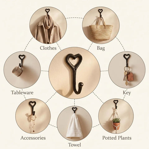 12 Pack Heavy Duty Cast Iron Coat Hooks Wall Mounted Black workhorse wall storage for coats bags, showcasing multi-use options.