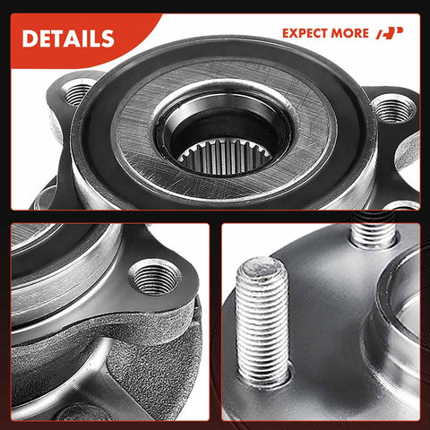 Close-up of Two Front Wheel Bearing And Hub Assembly Pack Fits Toyota RAV4 2006 2012 V6 Engine And 2013 2018 Models Mirai 2016 2020 Scion tC 2011 2016 Non ABS 5 Lug Manual Transmission Compatible Heavy Duty Load Bearing For A Smooth Ride And Easy DIY Replacement showing metal components and lug holes.