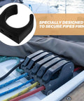 Close-up of black marine-grade Two Pack Nylon Water Pipe Clamps For Marine Use securing ropes on a boat deck.