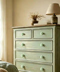 Fresh Vintage Light Green Ceramic Pumpkin Drawer Knobs And Cabinet Pulls With No Mess Installation For A Fast Furniture Glow Up That Brings Sweet Cozy Vibes To Your Kitchen And Pantry on a vintage dresser.