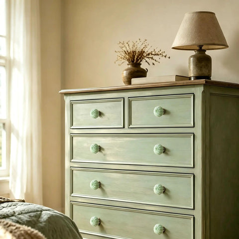 Fresh Vintage Light Green Ceramic Pumpkin Drawer Knobs And Cabinet Pulls With No Mess Installation For A Fast Furniture Glow Up That Brings Sweet Cozy Vibes To Your Kitchen And Pantry on a vintage dresser.