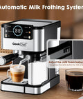 Home Barista Espresso Machine With 20 Bar Pressure And Integrated Milk Frother For Silky Cappuccino on kitchen counter.