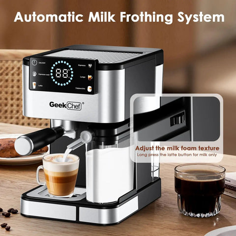 Home Barista Espresso Machine With 20 Bar Pressure And Integrated Milk Frother For Silky Cappuccino on kitchen counter.