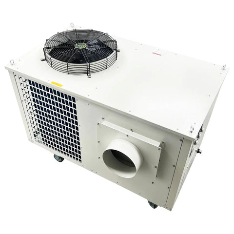 Heavy Duty Industrial Air Conditioner 51100 BTU Portable Spot Cooler Serious Cooling Muscle 2700m3h Airflow 6KW Power, white unit with fan and vent.
