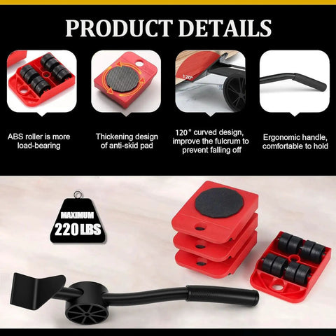 Heavy Duty Furniture Movers With Wheels And Lifter Kit showing components including 8-wheel base, steel frame, and handle.