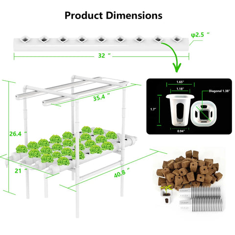 Hydroponic Growing System Kit With 36 Plant Sites Full Spectrum Grow Lights And Timer Auto Water Pump PVC U Pipes dimensions