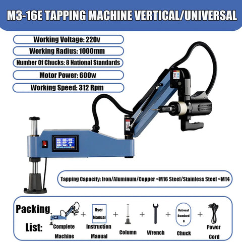 Qugurlid Electric Tapping Machine Flex Arm with 8 Collets, 600W Motor, 312 RPM Variable Speed showing control panel and adjustable arm.