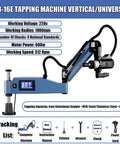 Beefy 600W Electric Tapping Machine With 360 Flex Rocker Arm And Dual Gas Springs Smooth As Butter Touchscreen Control Up To 312 RPM Variable Speed displayed with specifications.