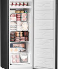Dang Roomy Full Size Upright Freezer With Sleek Single Glass Door And Handy External Control Panel For Massive Frozen Food Storage and Zero Fuss Home Kitchen Cooling filled with various foods.