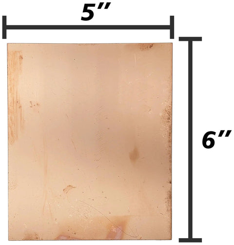 5x6 inch copper clad surface of 12 Pack Double-Sided 5x6 Inch Copper Clad Circuit Boards FR-4 Fiber Glass 1/16 Inch Thick With About 1 Ounce Copper Per Square Foot For Prototyping And DIY Electronics Projects, showing measurements.