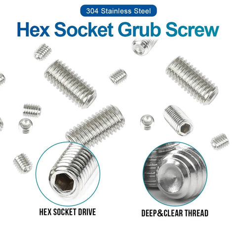 M2 To M10 Screw Kit 304 Stainless Steel Hex Socket Cup Point Set Screws Headless Assortment.