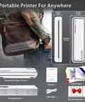 Fly Portable Thermal Printer Bluetooth Wireless Inkless Home Office Travel Buddy Compatible With Smartphones And Laptops For Tattoos And Snappy Prints Includes Fresh Paper Rolls next to a bag.