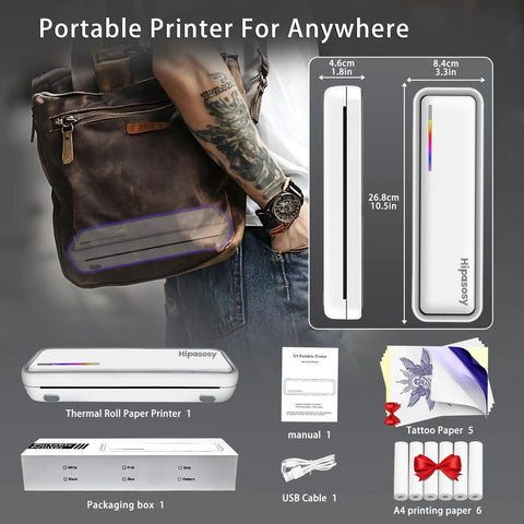 Fly Portable Thermal Printer Bluetooth Wireless Inkless Home Office Travel Buddy Compatible With Smartphones And Laptops For Tattoos And Snappy Prints Includes Fresh Paper Rolls next to a bag.