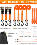 Heavy Duty Ratchet Tie Down Straps 1500 Lb Break Strength With S Hooks Safety Clips And Soft Loops in a pack with storage bag.
