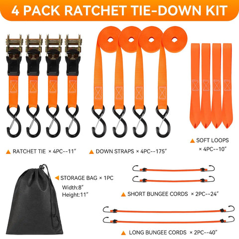 Heavy Duty Ratchet Tie Down Straps 1500 Lb Break Strength With S Hooks Safety Clips And Soft Loops in a pack with storage bag.