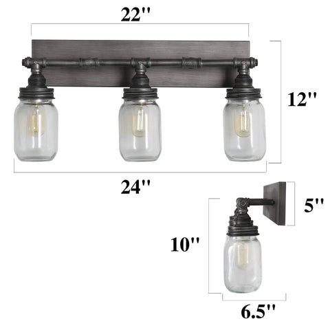 Industrial 3 Mason Jar Vanity Light Fixture, 24 Inch Bathroom Lighting With Antique Silver Brushed Finish, Clear Glass Jars, Dimensions Annotated