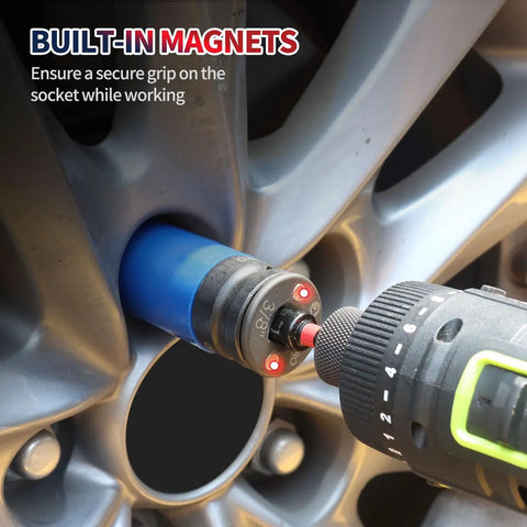 Low Profile Impact Socket Adapter Set Three Piece In CR-MO Steel Heavy Duty With Magnets For Tight Spaces in use on car wheel
