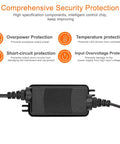 Beefy 12V 2A IP67 Waterproof DC Power Adapter With 5.5x2.5mm Plug, UL Certified, Wide 100-240V AC Input, Rugged Outdoor Ready Power Supply For LED Strips, Cameras, And Electronics, DIY Friendly, Waterproof Build For Tough Environments. black waterproof power adapter with protection icons