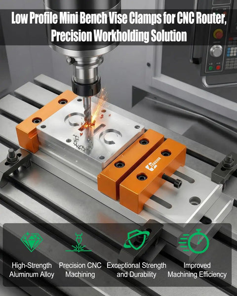Low Profile Mini Vise Clamp For CNC Router Machines, Beefy Aluminum, Precision CNC Machined For Flat Surfaces, Ultra Slim Design Keeps Toolpaths Clear And Grips Solid On Milling Projects