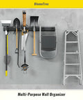 Heavy Duty Wall Mounted Tool Organizer For Garage, 48 Inch Metal Rack with tools and ladder displayed hanging on the wall