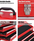 Lockable Red Steel Tool Chest With Three Drawers And Top Tray Portable Toolbox For Home Garage Workshop And Repair Shop Heavy Duty Tool Organizer Tough As Nails Metal Cabinet For Tools And Gear, red steel chest with handle, latches, and open drawers