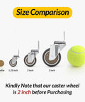 Size comparison of No Fuss Side Mount Casters 2 Inch L Shaped Rubber Furniture Wheels Set Of 8 with dollar coin and tennis ball.