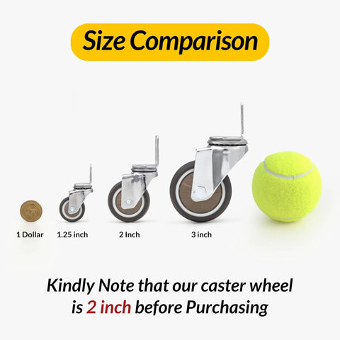 Size comparison of No Fuss Side Mount Casters 2 Inch L Shaped Rubber Furniture Wheels Set Of 8 with dollar coin and tennis ball.