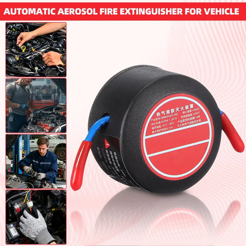 Top Shelf Automatic Car Fire Extinguisher Hardened Aluminum Body Slick Aerosol Canister beside vehicles, showcasing fire safety features.
