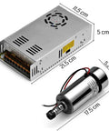Air Cooled 300W Brush DC Spindle Motor With 0 To 48V Adjustable Switching Power Supply, 52mm Clamp And ER11 Collet, dimensions shown