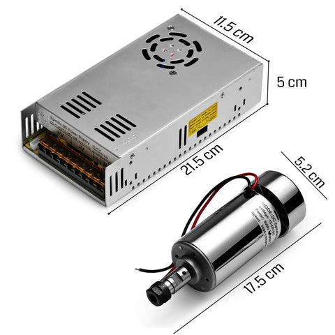 Air Cooled 300W Brush DC Spindle Motor With 0 To 48V Adjustable Switching Power Supply, 52mm Clamp And ER11 Collet, dimensions shown